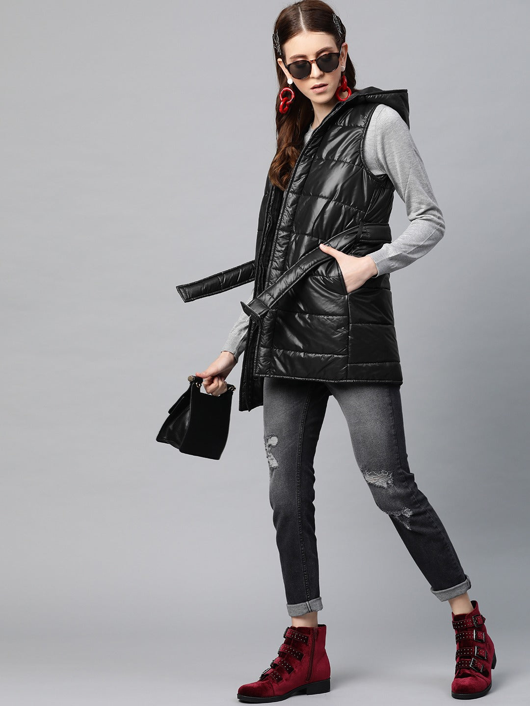 Women Black Belted Longline Hooded Quilted