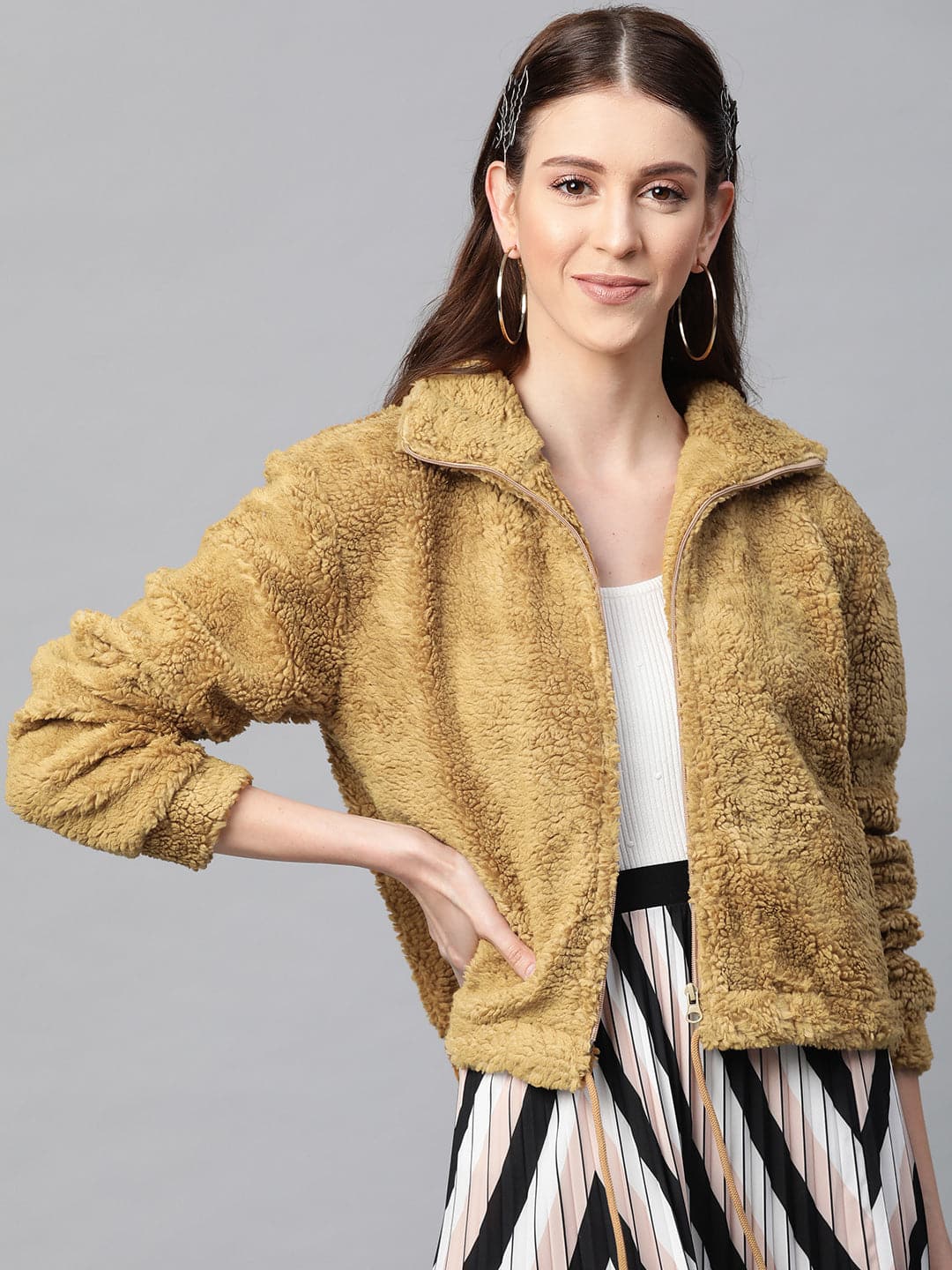 Women Mustard Drawstring Faux Fur Jacket