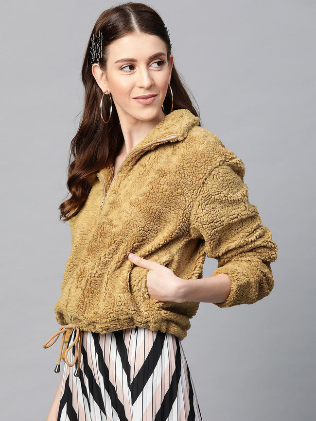Women Mustard Drawstring Faux Fur Jacket