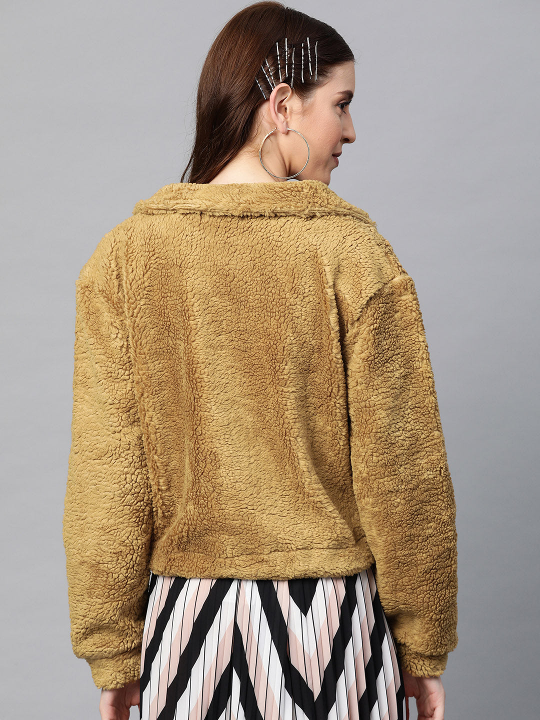 Women Mustard Drawstring Faux Fur Jacket
