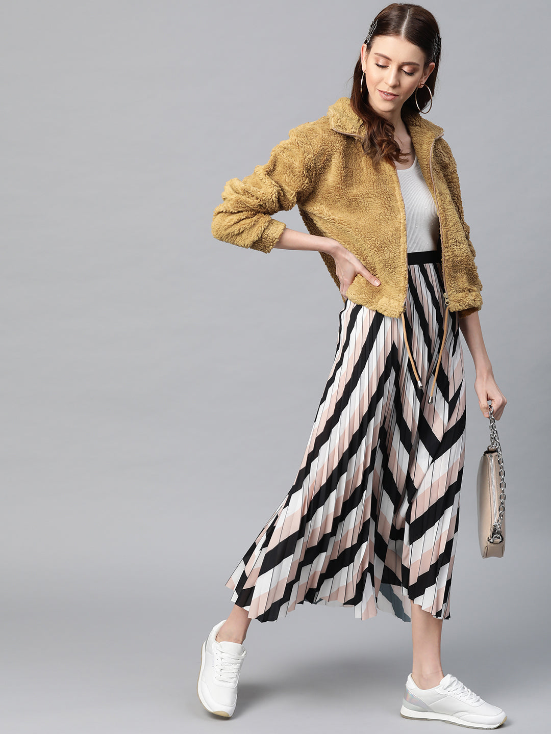Women Mustard Drawstring Faux Fur Jacket