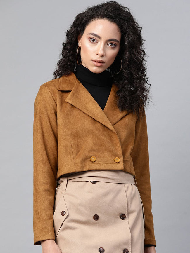 Women Brown Suede Crop Blazer