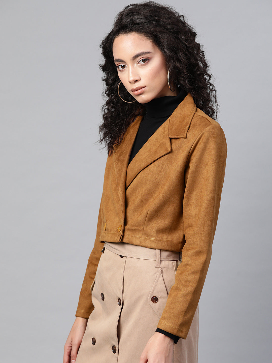 Women Brown Suede Crop Blazer