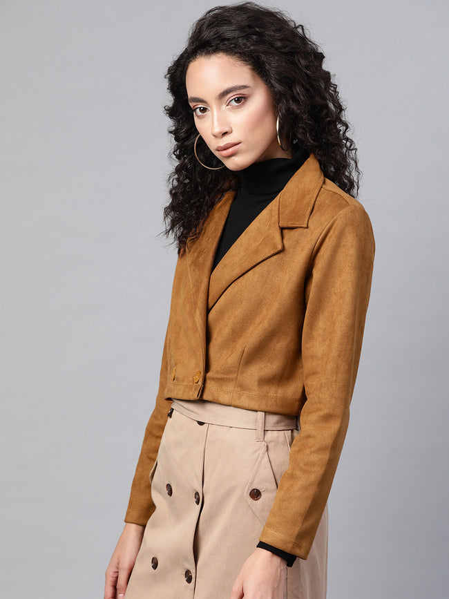 Women Brown Suede Crop Blazer