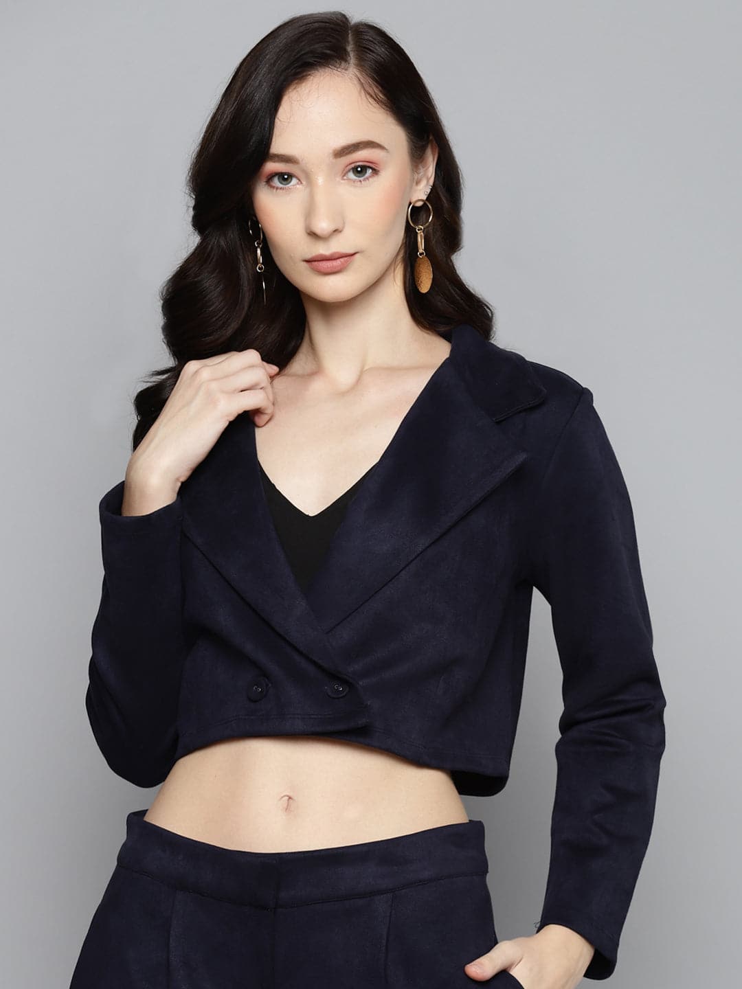 Women Navy Suede Crop Blazer