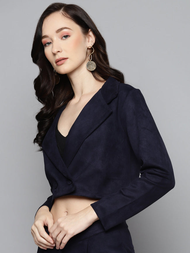 Women Navy Suede Crop Blazer