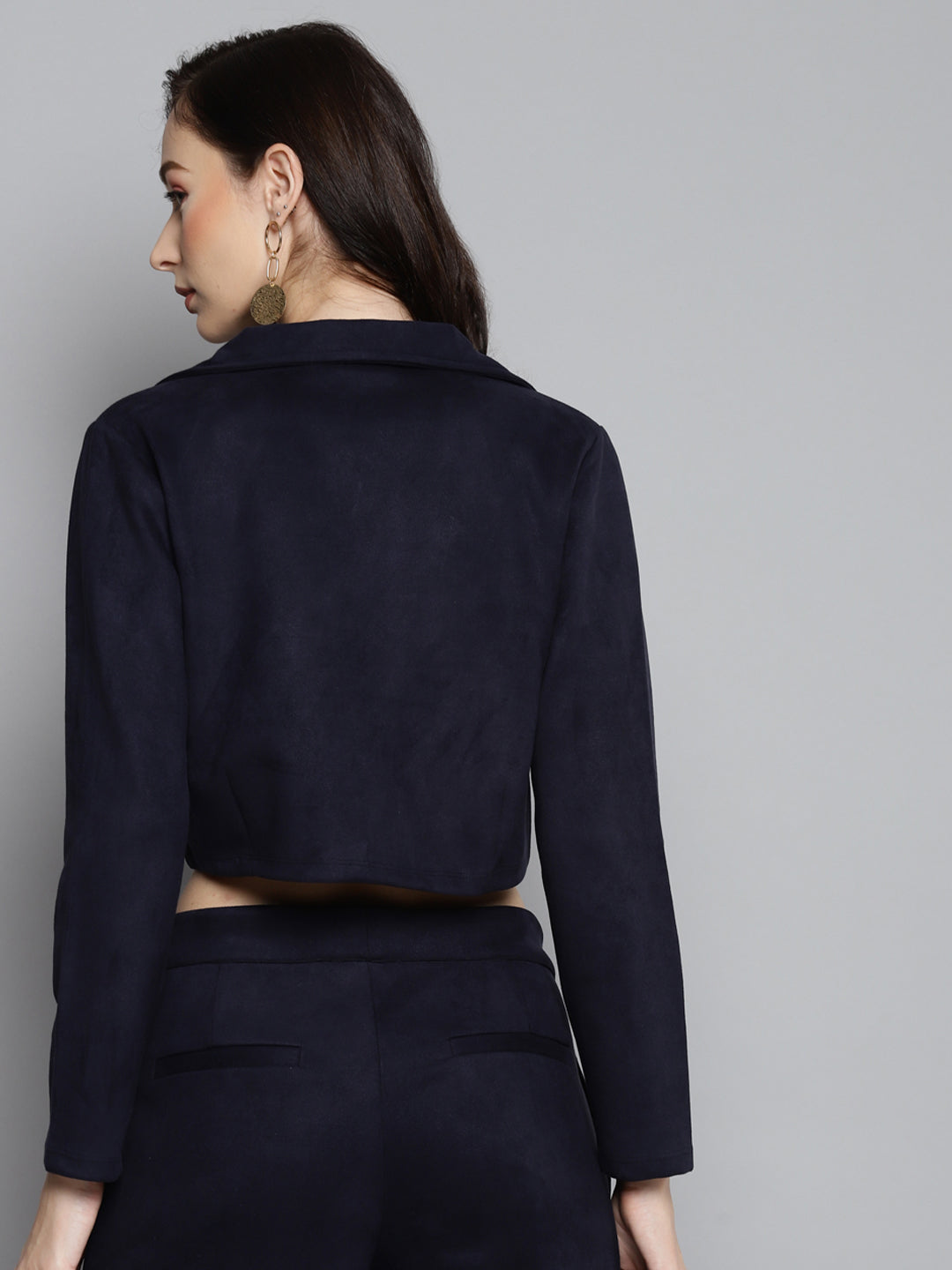 Women Navy Suede Crop Blazer