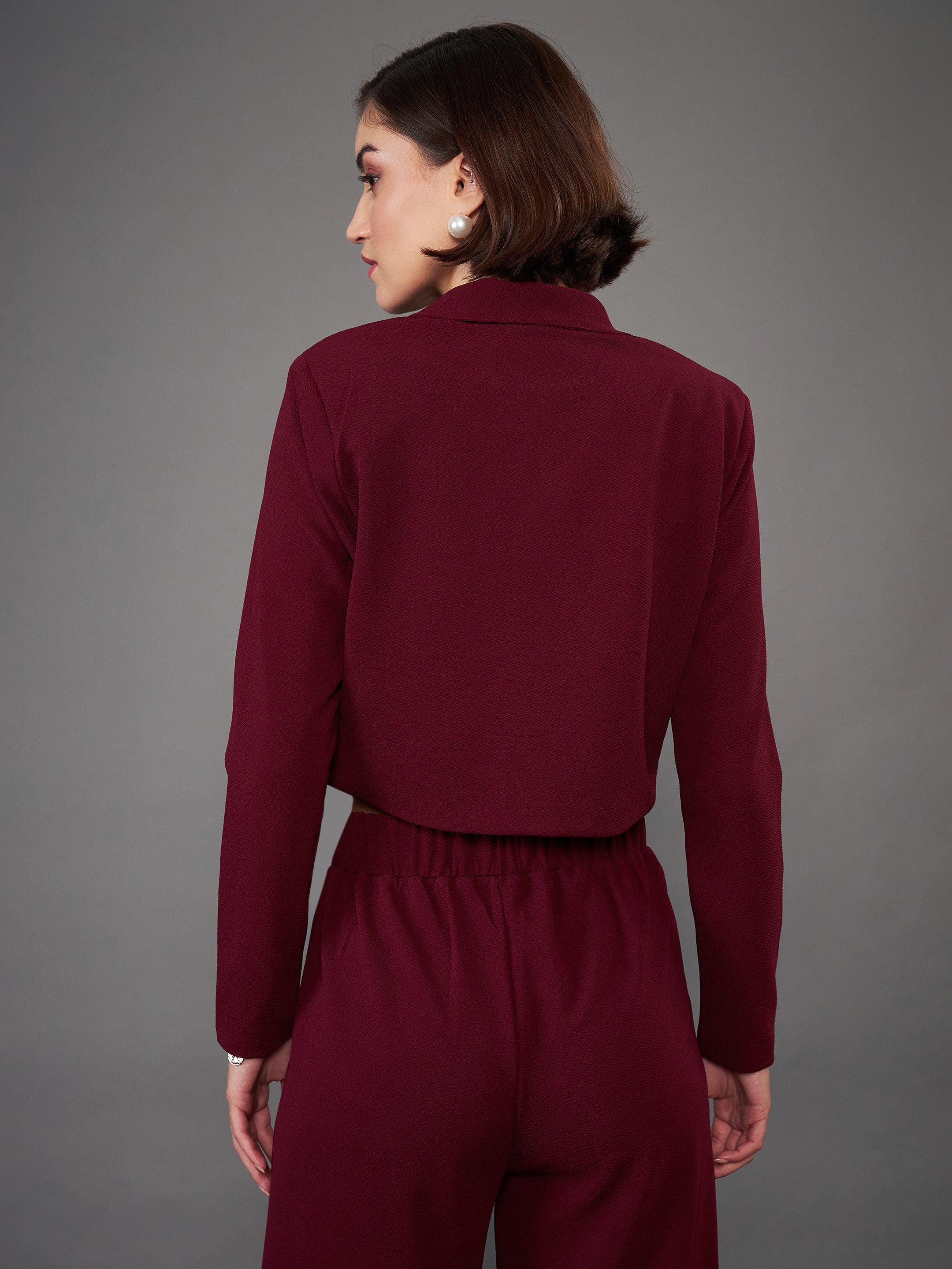 Burgundy Notch Collar Crop Blazer-SASSAFRAS worklyf