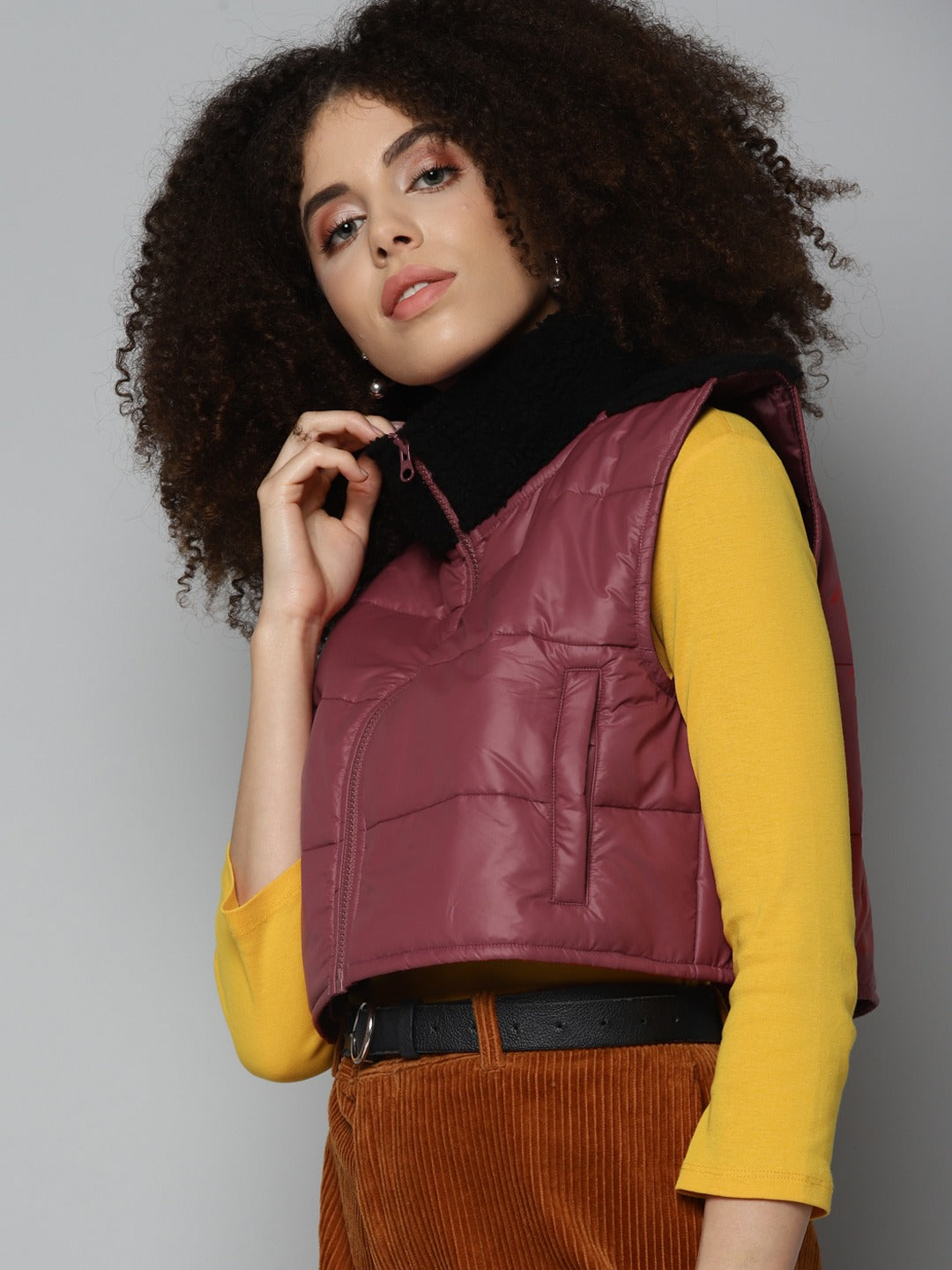 Women Maroon Fur Shoulder Crop Jacket