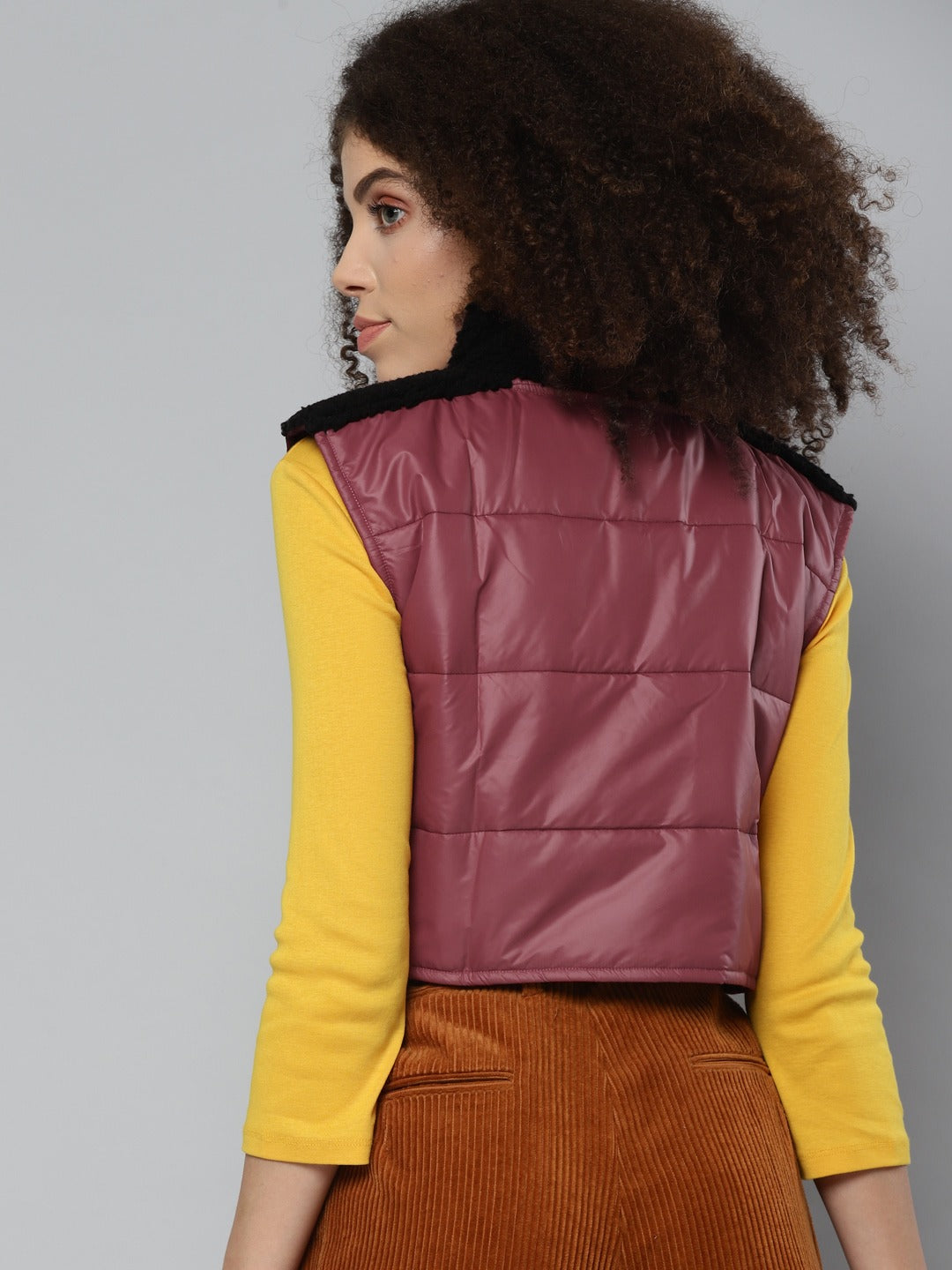 Women Maroon Fur Shoulder Crop Jacket