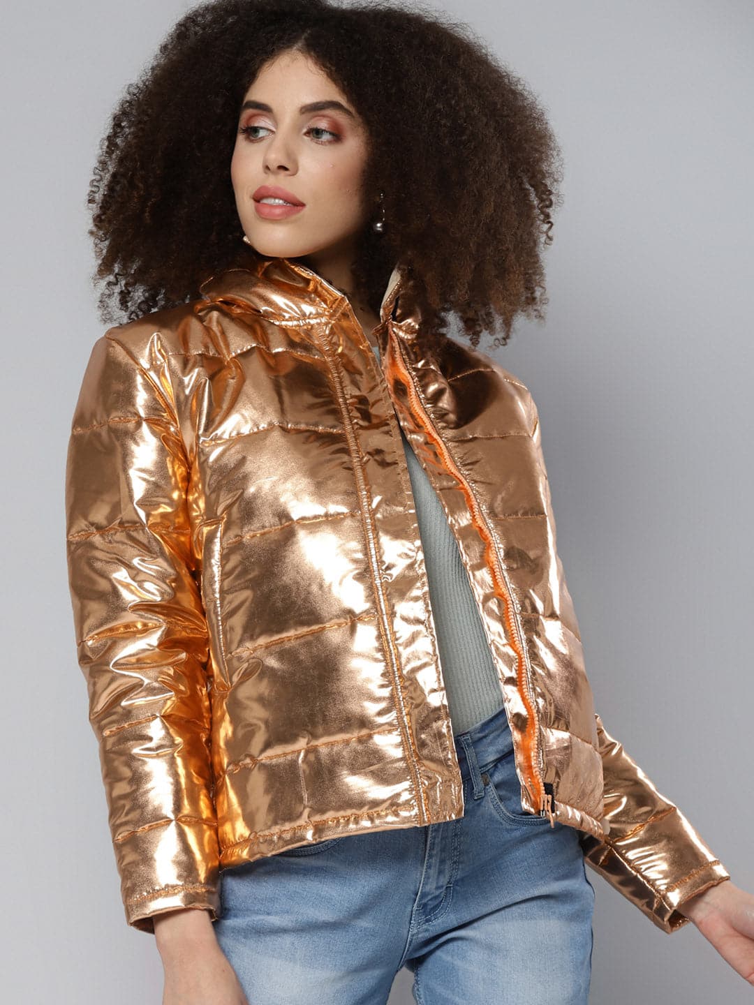 Women Copper Metallic Puffer Jacket