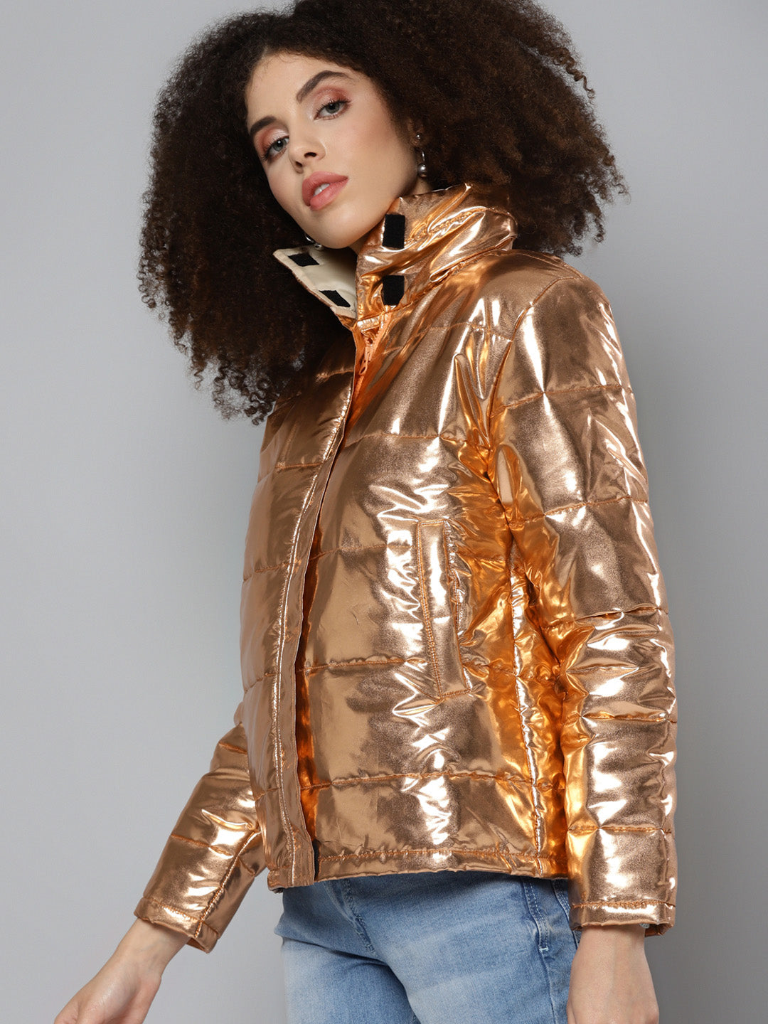 Women Copper Metallic Puffer Jacket