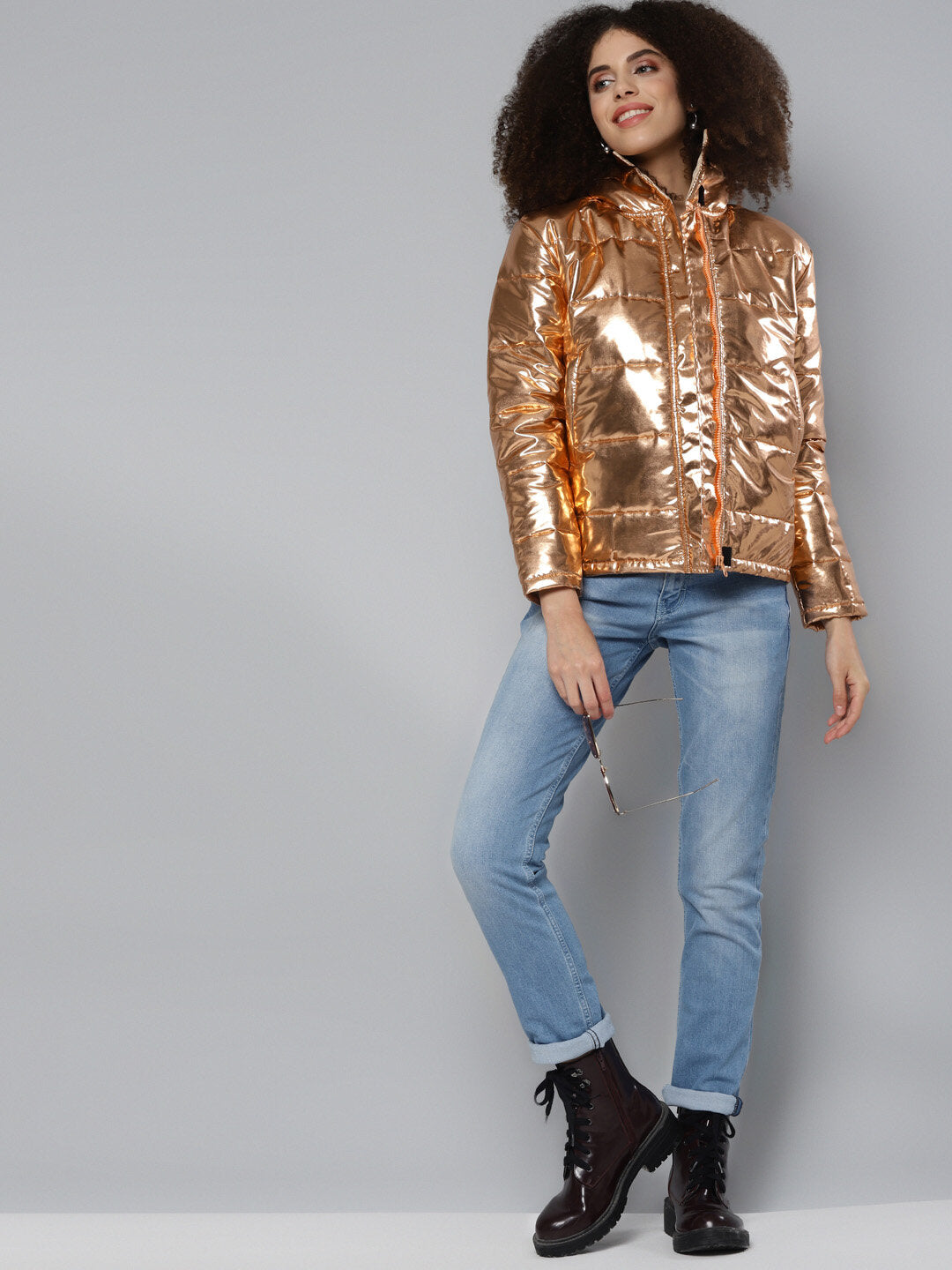 Women Copper Metallic Puffer Jacket