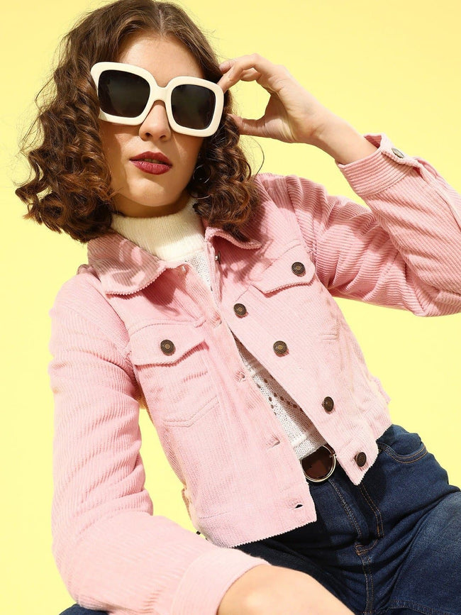 Women Pink Corduroy Trucker Jacket