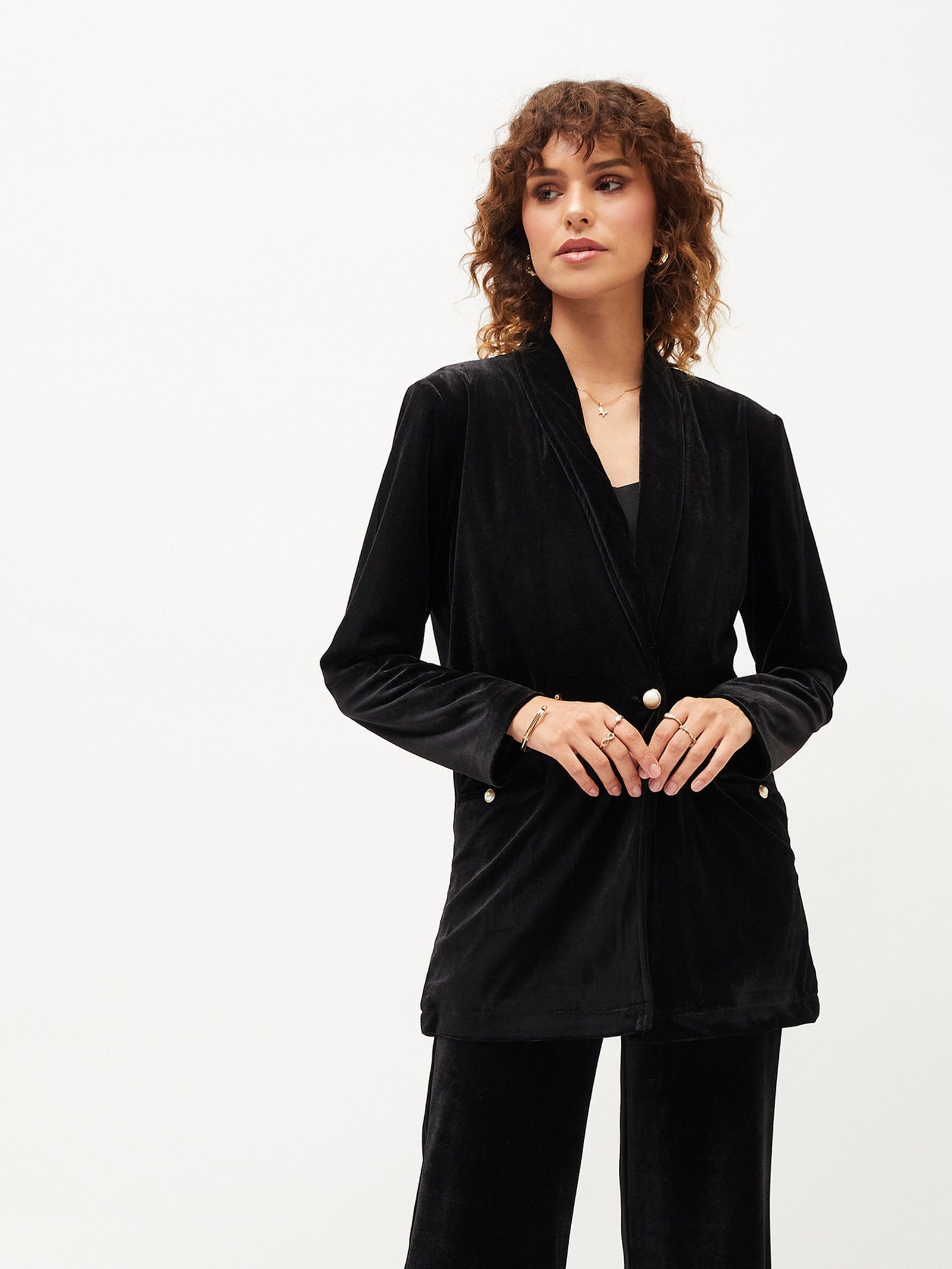 Women Black Velvet Shawl Collar Blazer