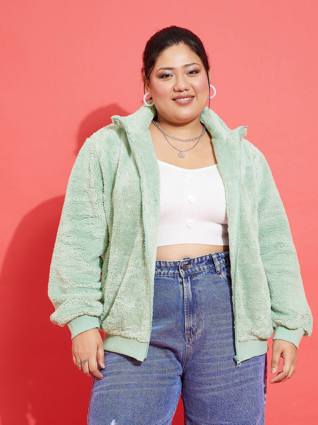 Women Green Fur Metal Zipper Jacket