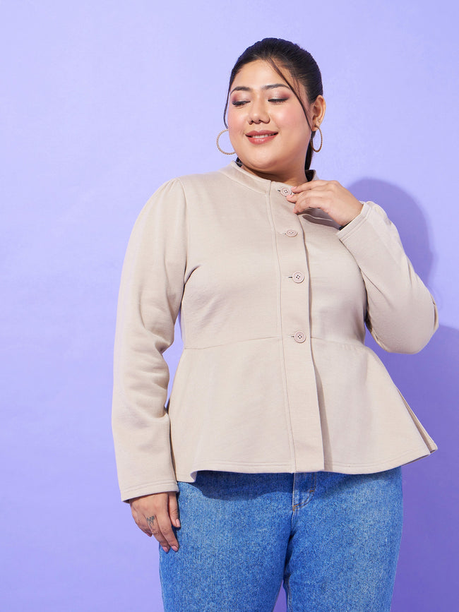 Grey Fleece Button Peplum Jacket-SASSAFRAS Curve