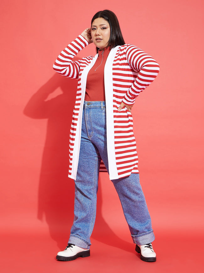 Red & White Striped Front Open Shrug-SASSAFRAS Curve