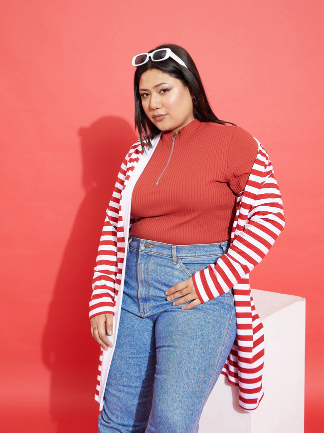 Red & White Striped Front Open Shrug-SASSAFRAS Curve
