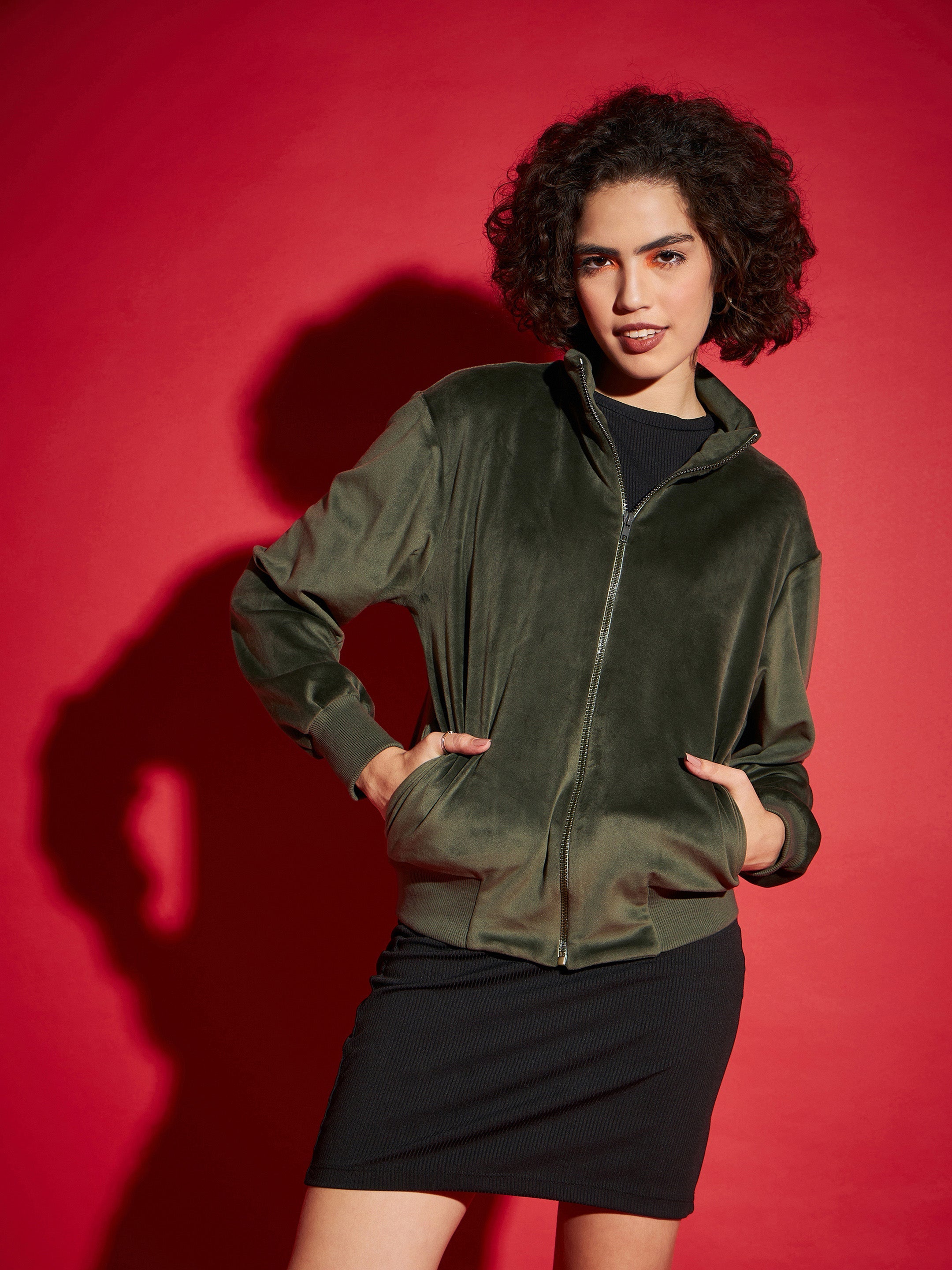 Olive Velour Zipper Jacket-SASSAFRAS