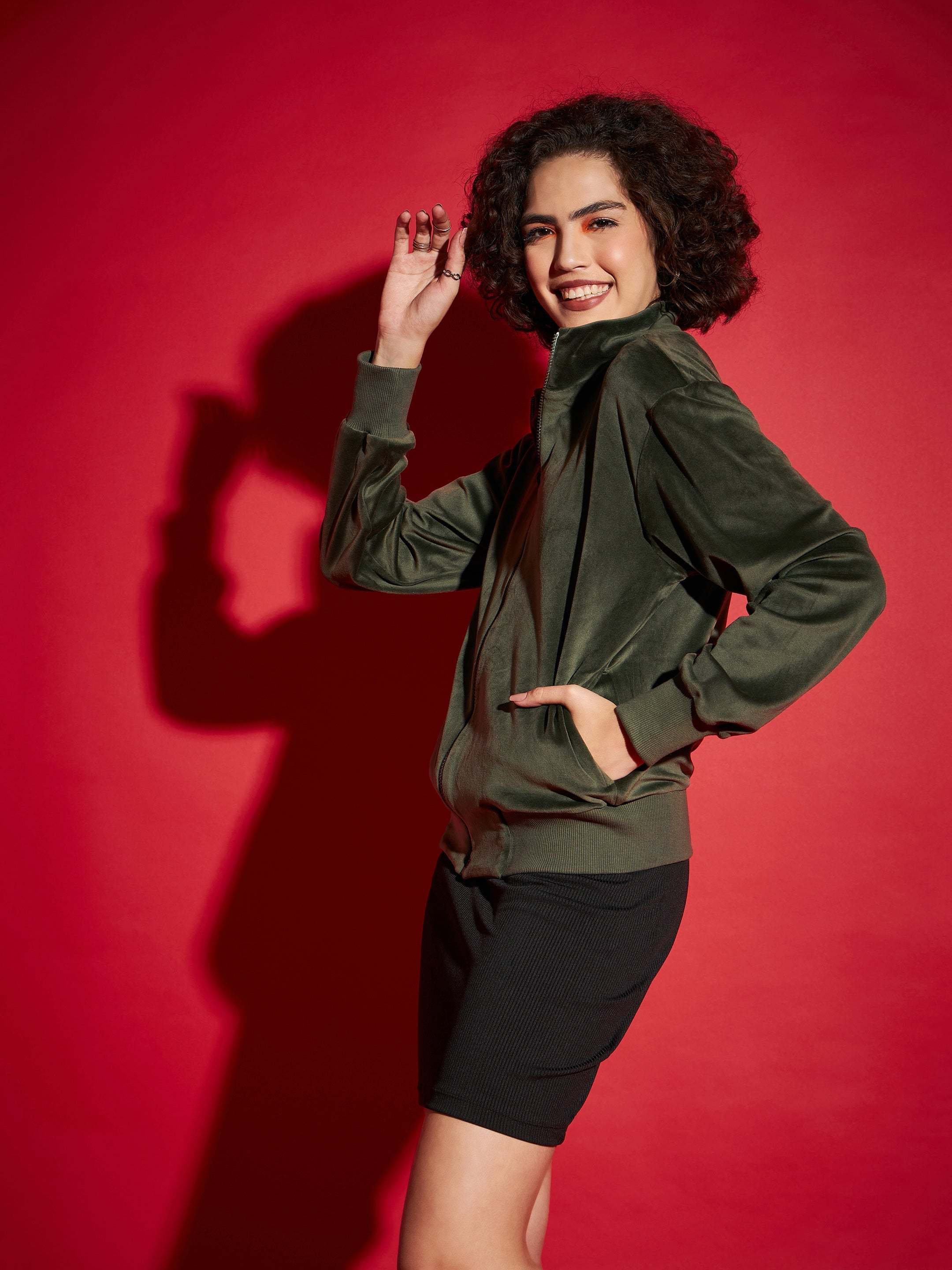 Olive Velour Zipper Jacket-SASSAFRAS