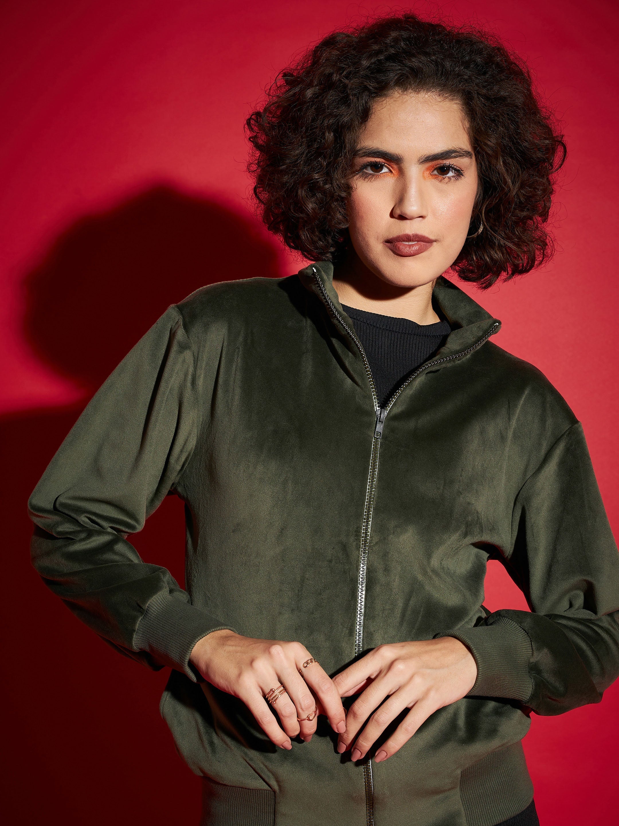 Olive Velour Zipper Jacket-SASSAFRAS