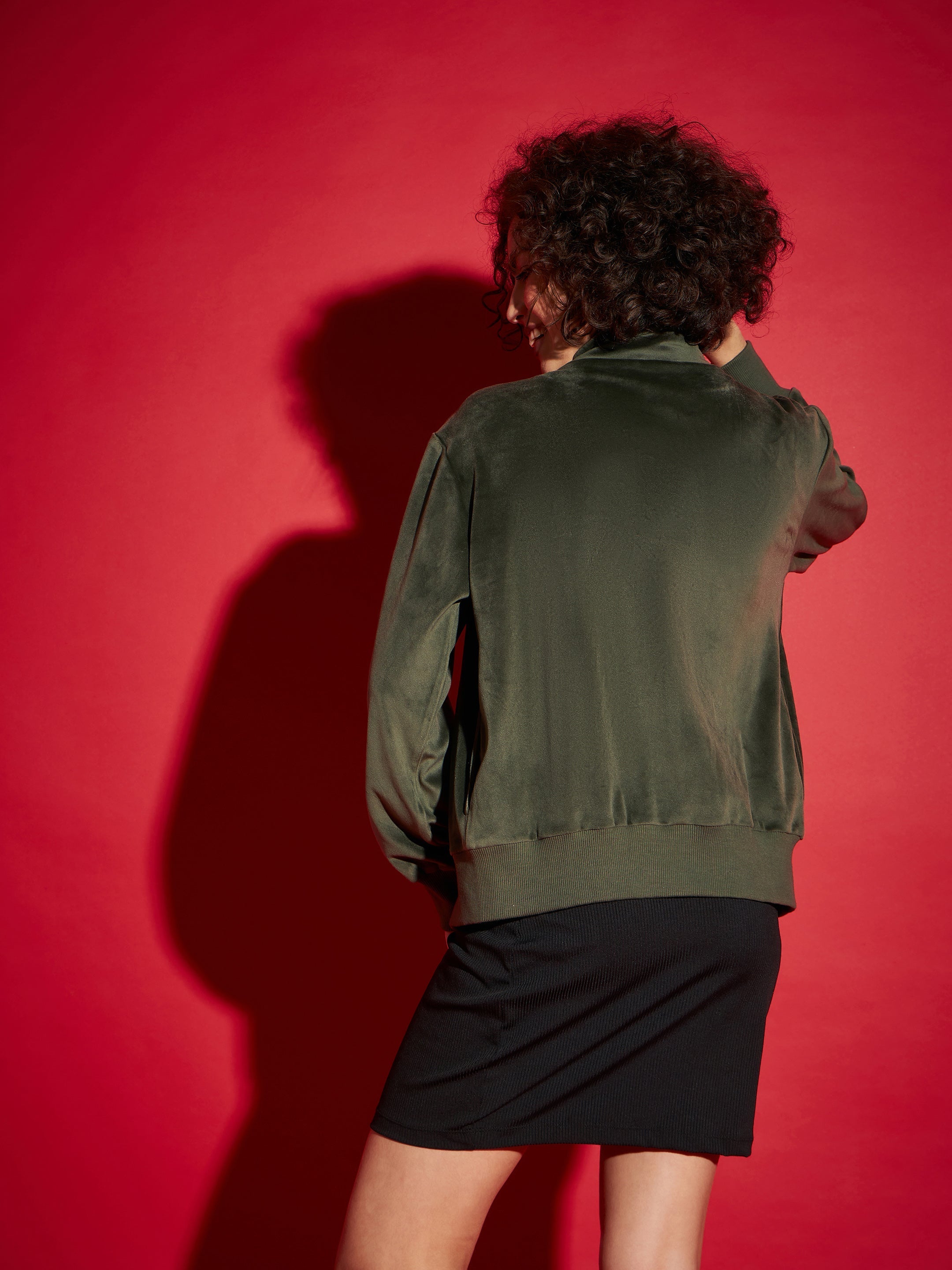 Olive Velour Zipper Jacket-SASSAFRAS