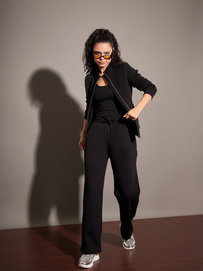 Women Black Fleece Zipper Jacket