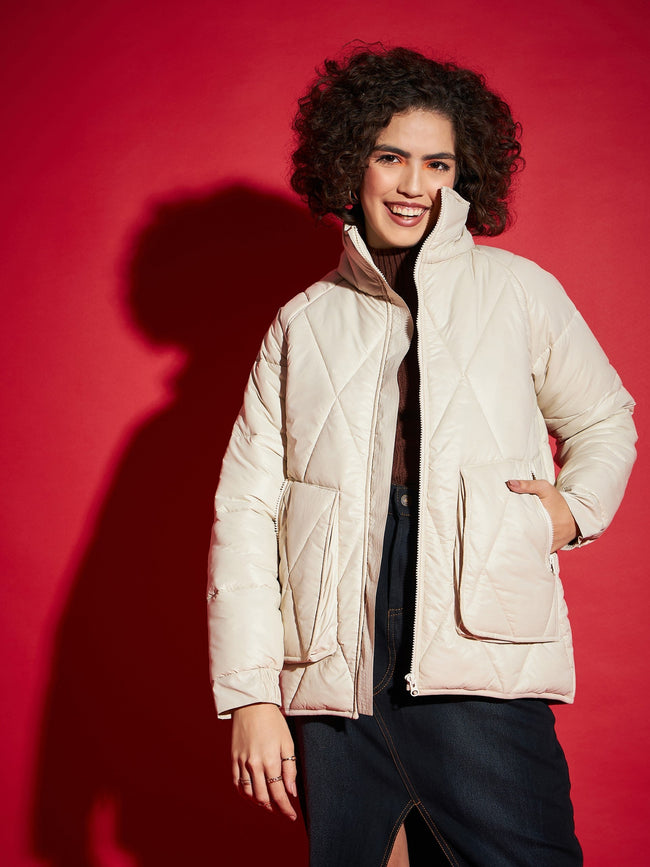 Beige High Neck Diamond Quilt Puffer Jacket-SASSAFRAS