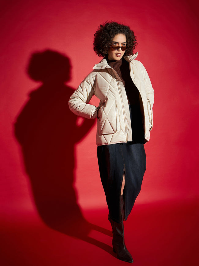 Beige High Neck Diamond Quilt Puffer Jacket-SASSAFRAS