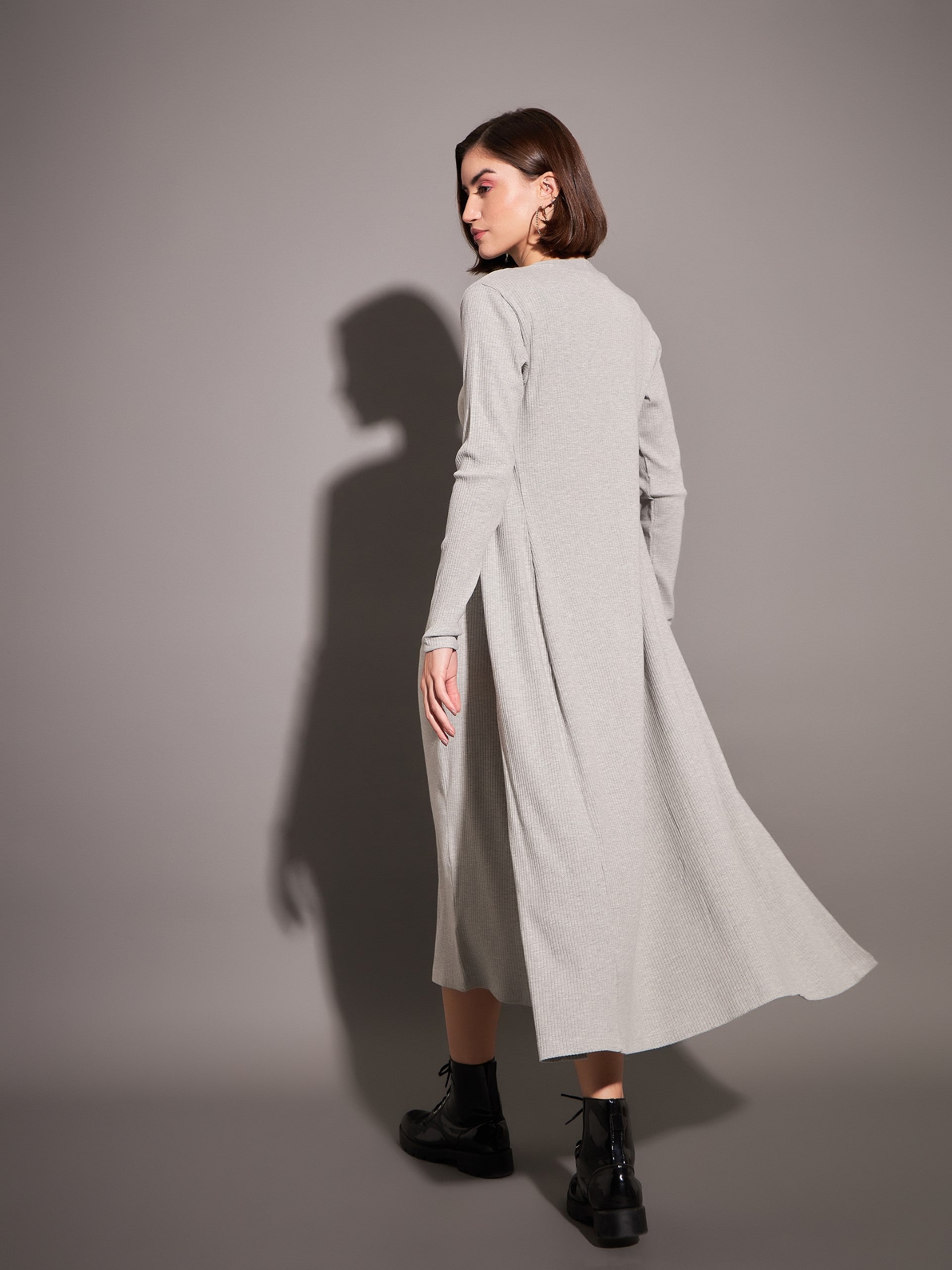 Women Grey Rib Front Open Shrug
