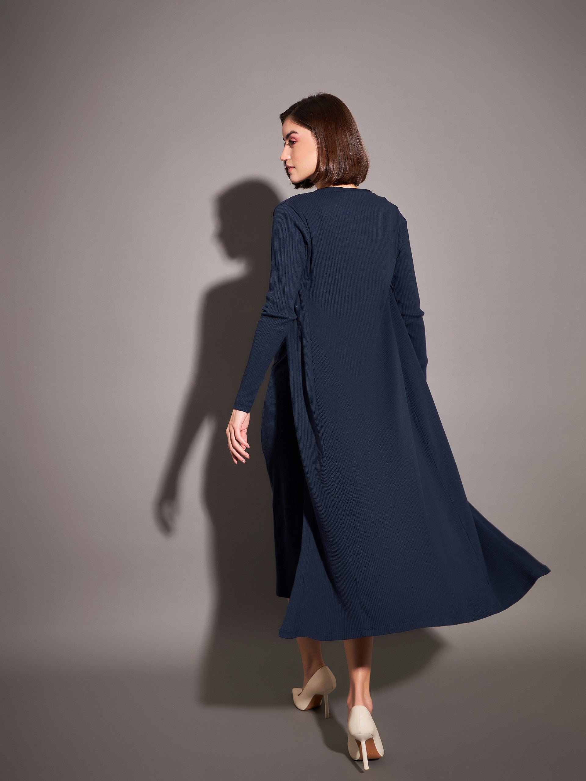 Women Navy Solid Rib Front Open Shrug