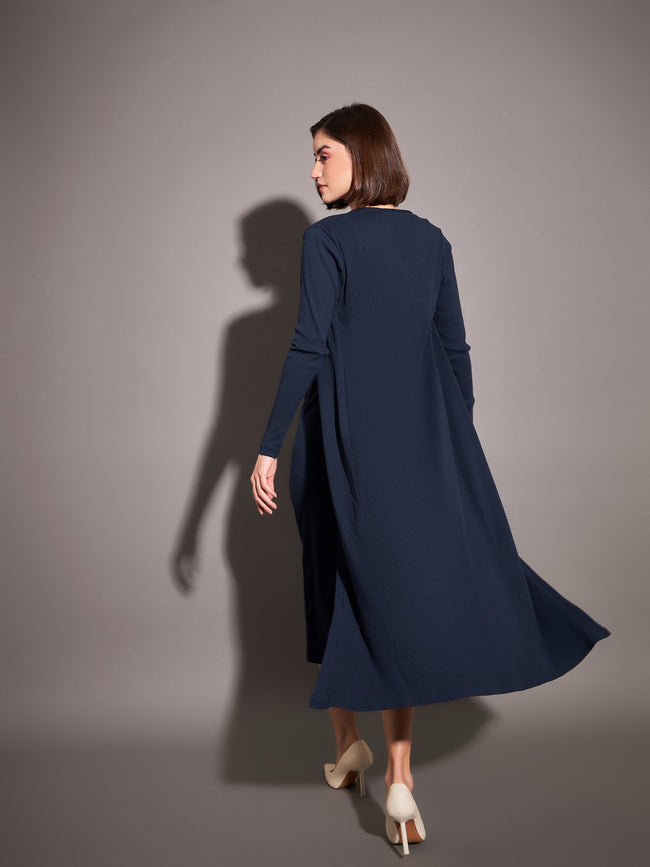 Women Navy Solid Rib Front Open Shrug