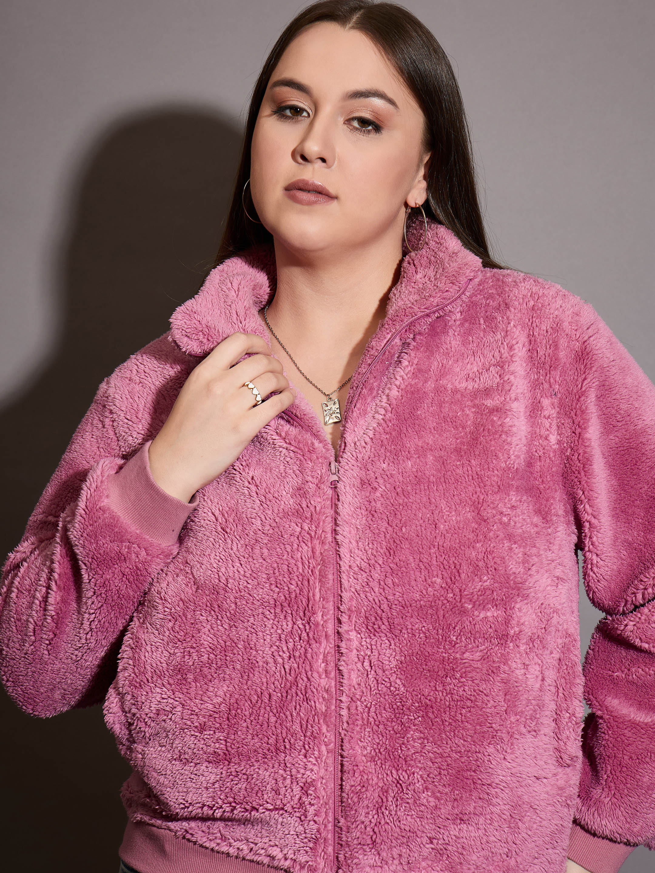 Women Pink Faux Fur Front Zipper Jacket