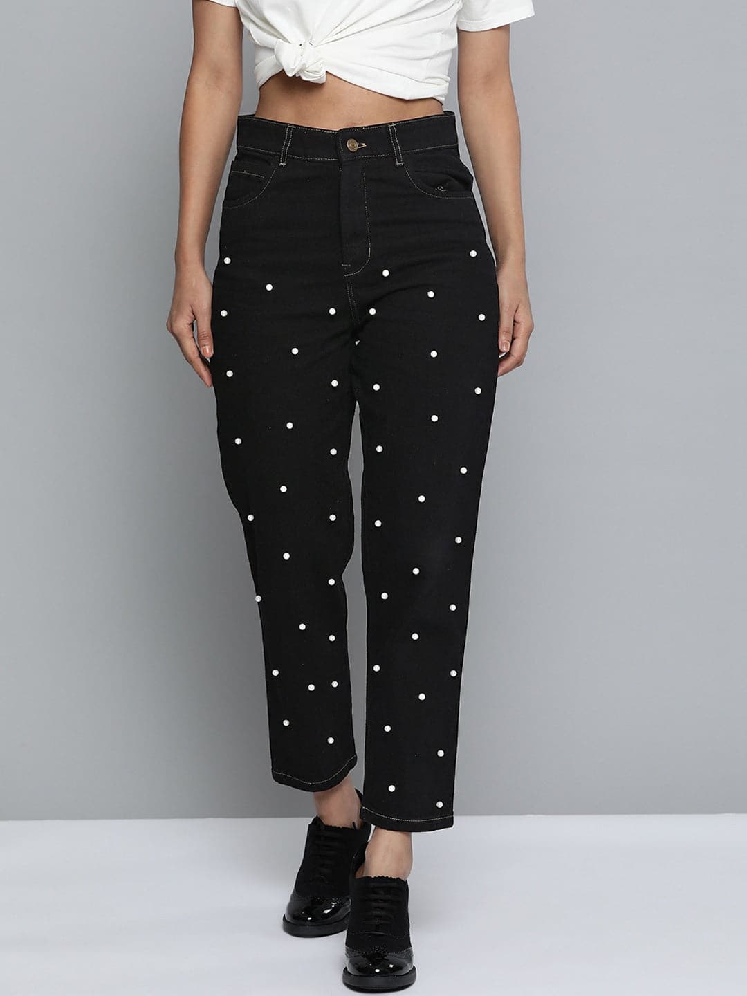 Women Black Pearl Detail Mom Jeans