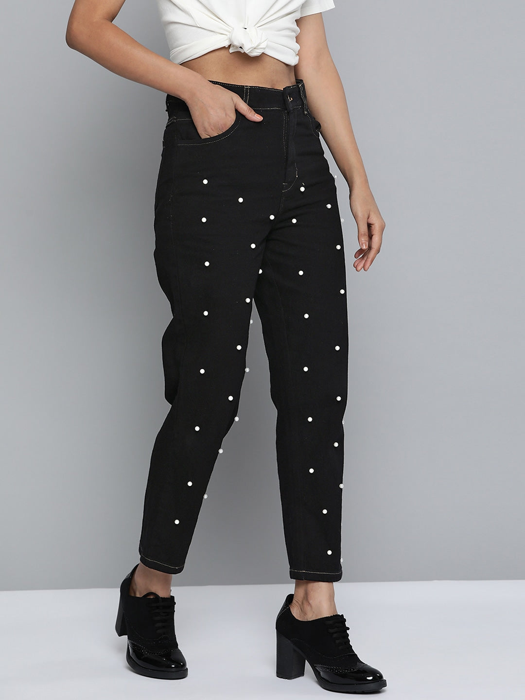 Women Black Pearl Detail Mom Jeans