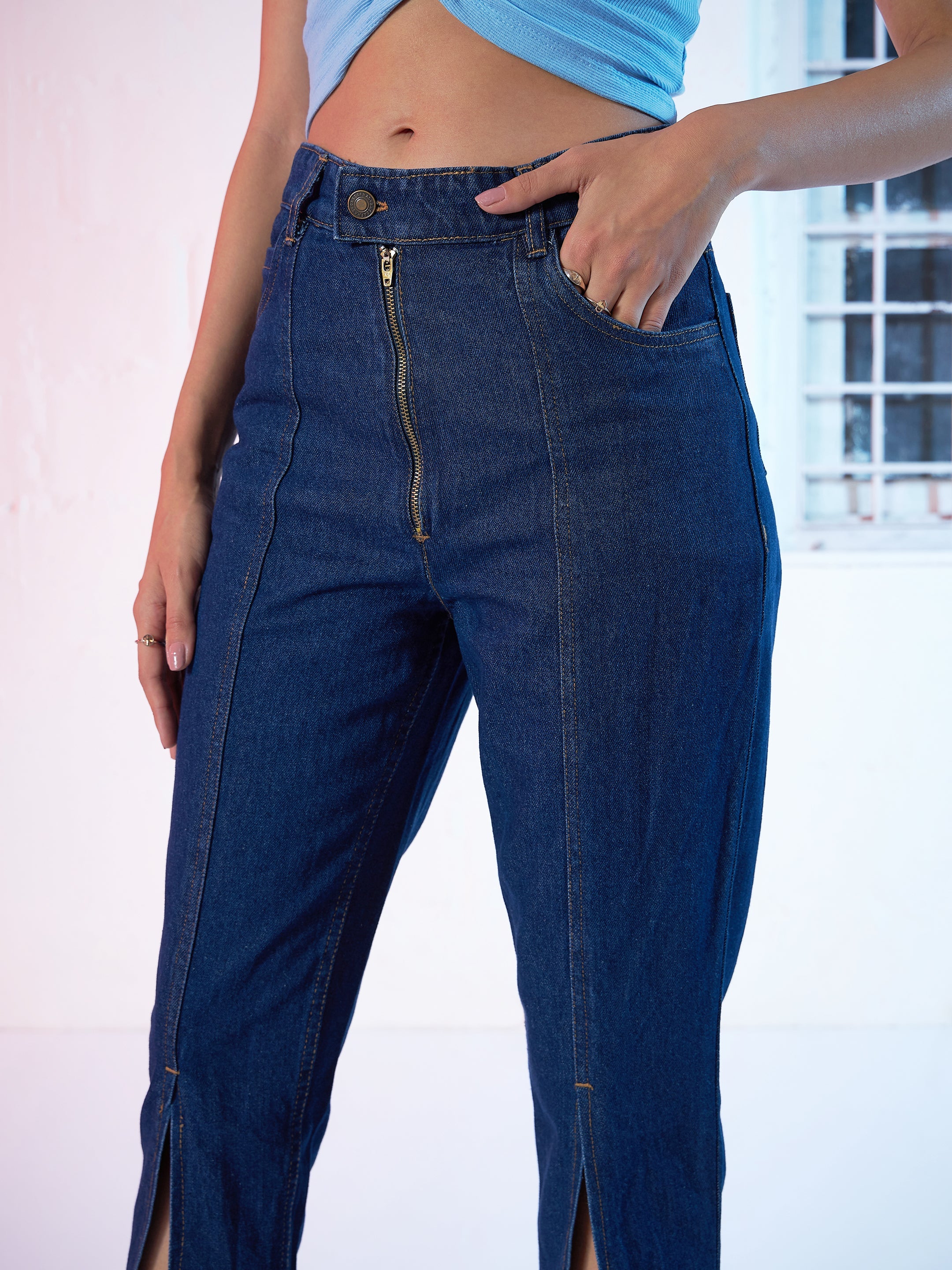 Navy Zipper Fly Mom Jeans