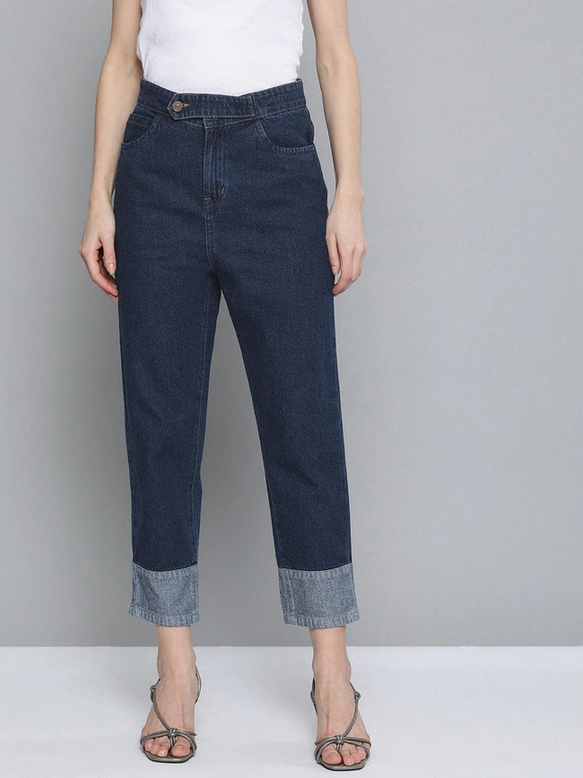 Women Navy Hem Detail Slouchy Jeans
