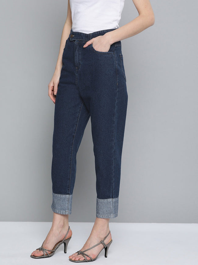 Women Navy Hem Detail Slouchy Jeans