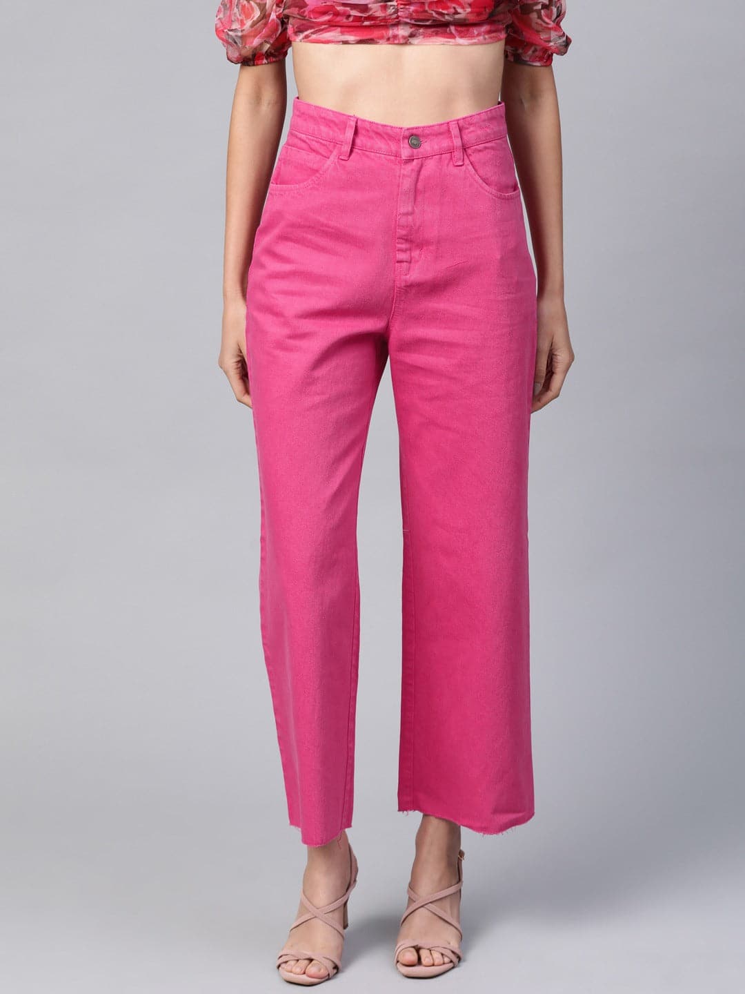 Women Magenta Raw Edge Jeans