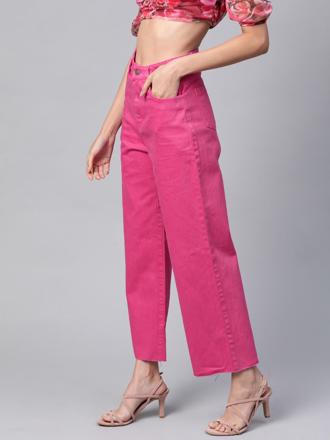 Women Magenta Raw Edge Jeans