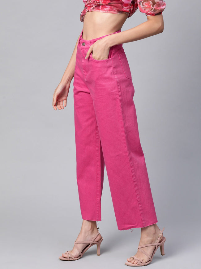 Women Magenta Raw Edge Jeans