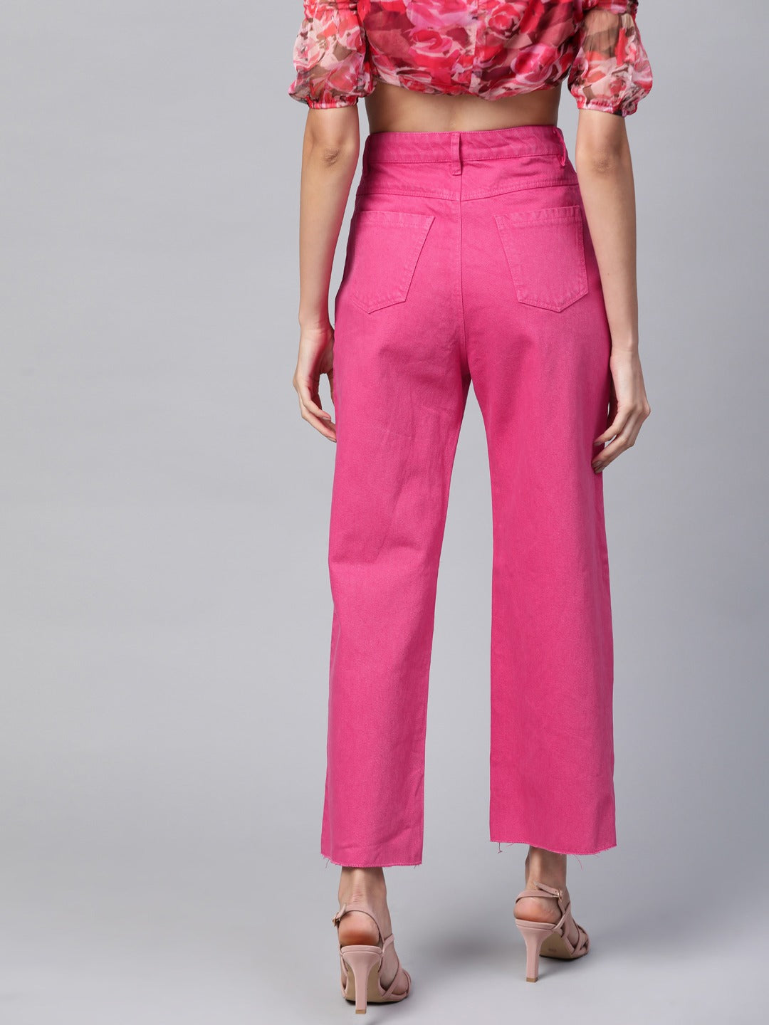Women Magenta Raw Edge Jeans
