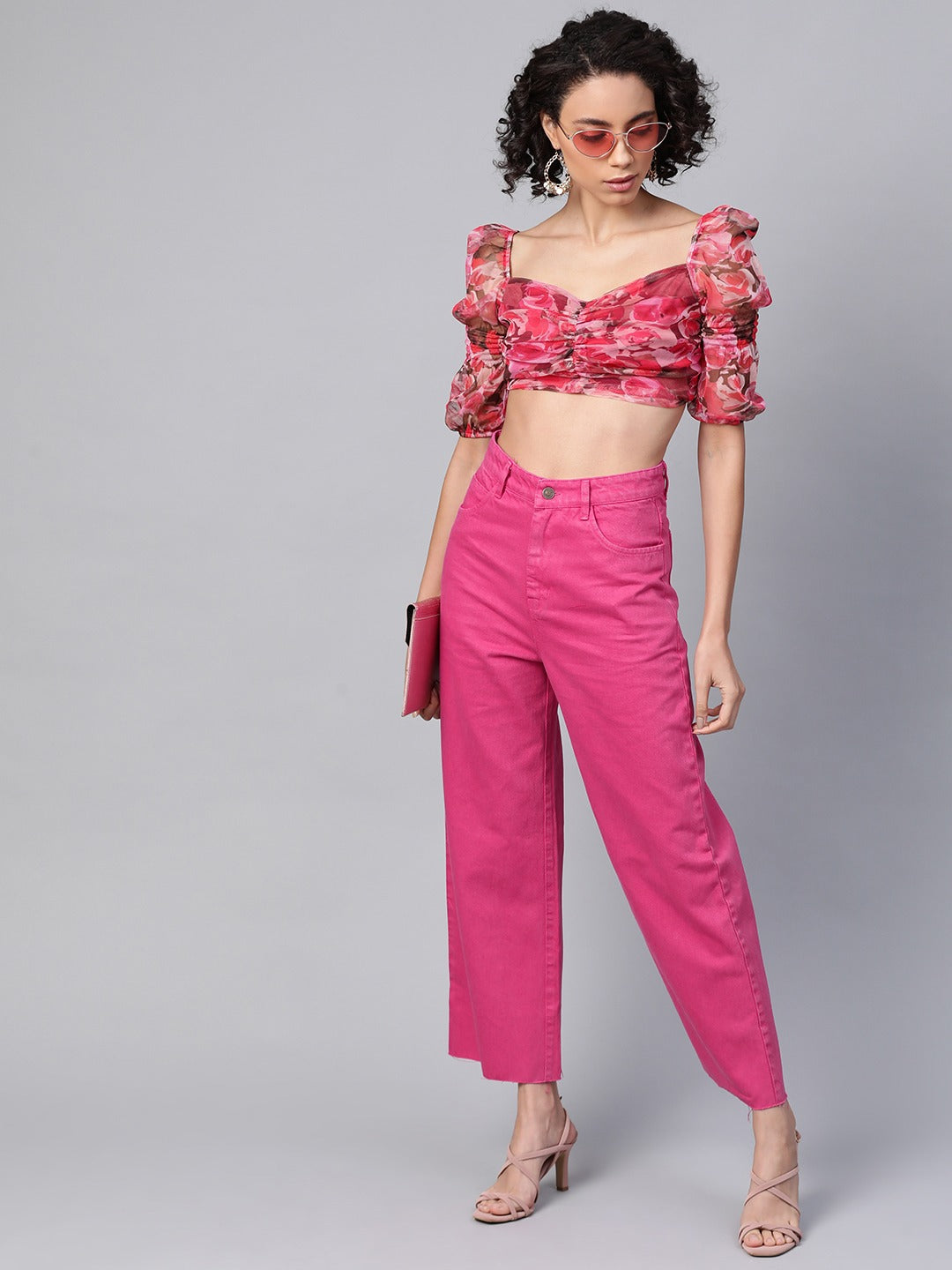 Women Magenta Raw Edge Jeans