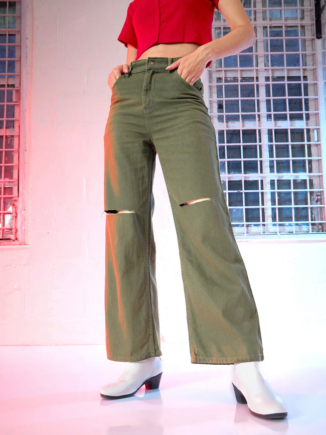 Women Olive Wide Leg Mid Rise Knee-Slit Jeans