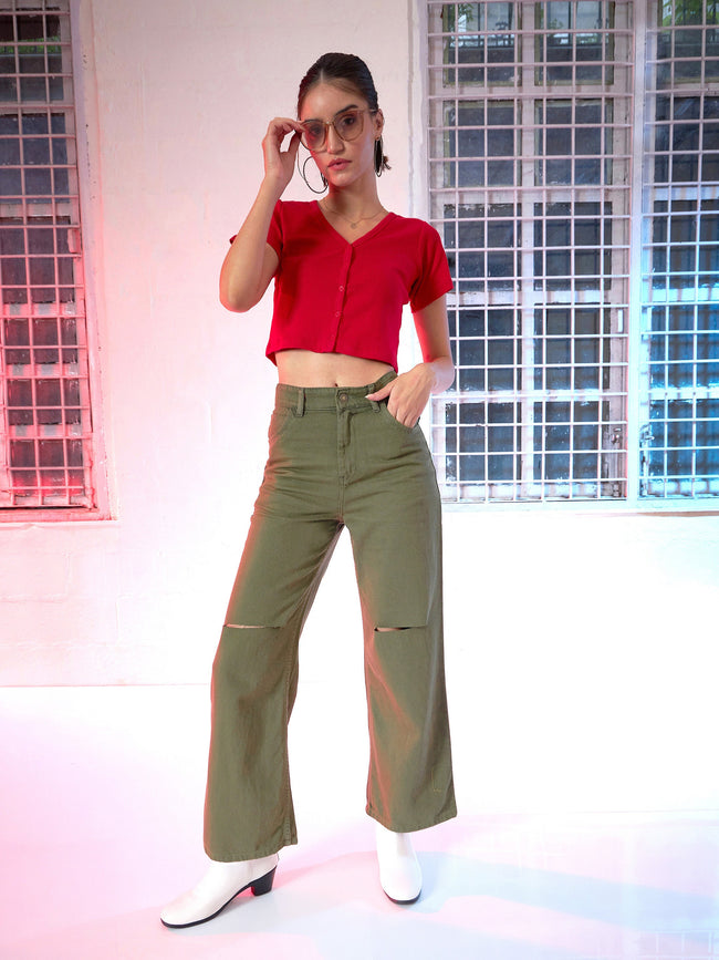 Women Olive Wide Leg Mid Rise Knee-Slit Jeans