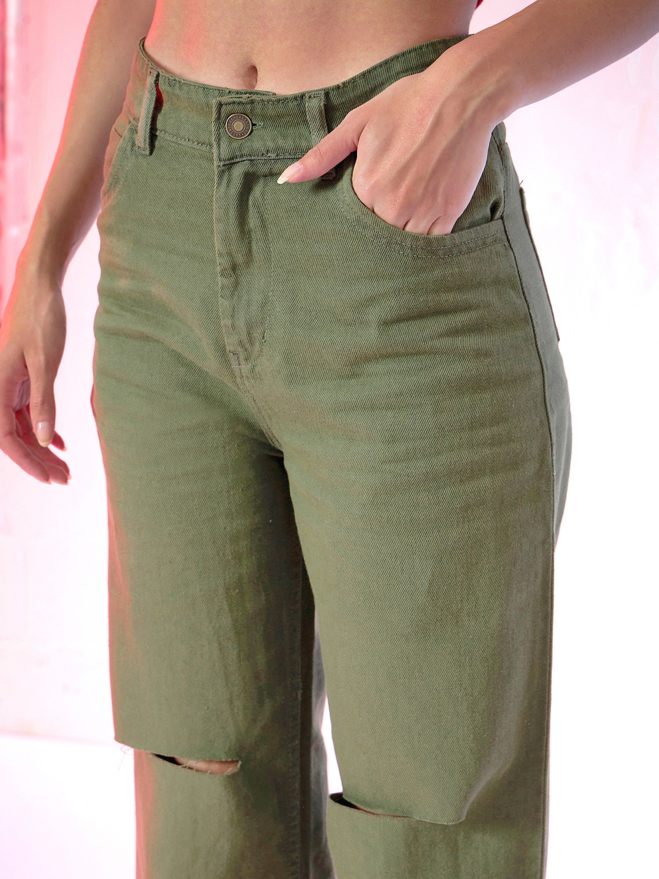 Women Olive Wide Leg Mid Rise Knee-Slit Jeans