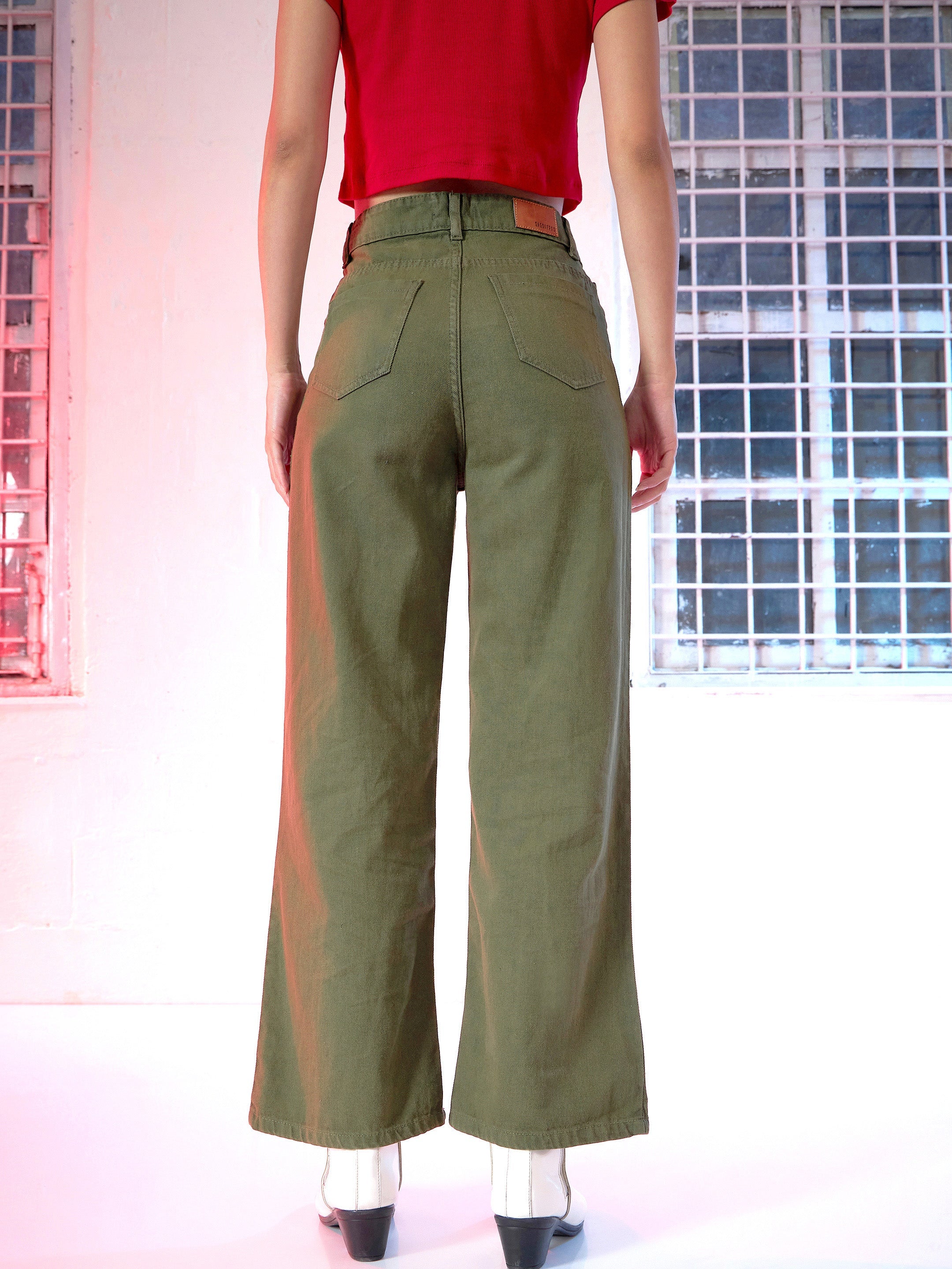 Women Olive Wide Leg Mid Rise Knee-Slit Jeans