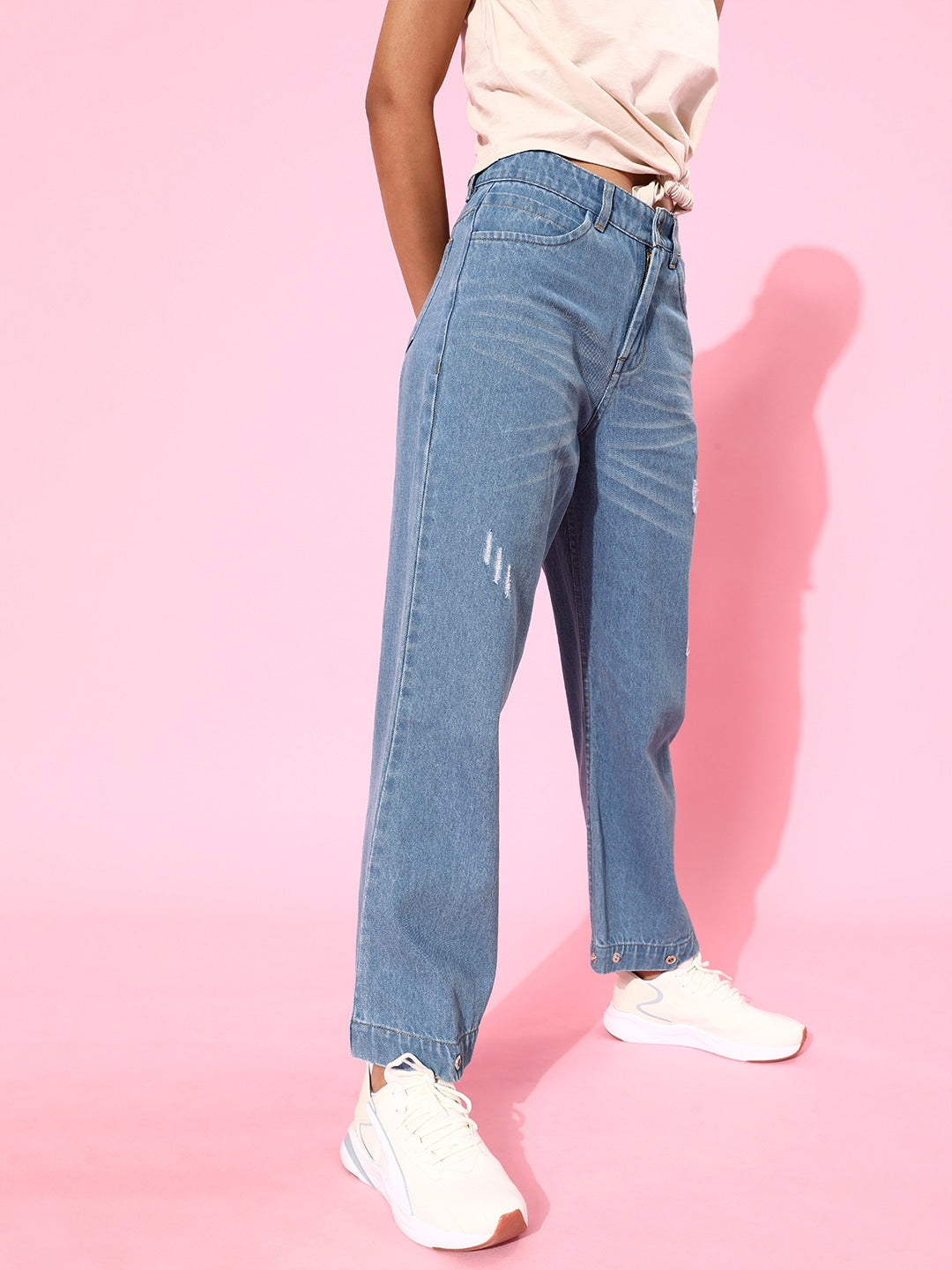 Women Blue Button-Hem Slouchy Jeans