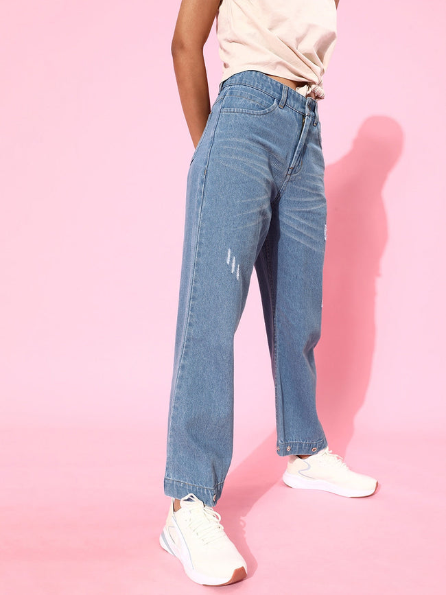 Women Blue Button-Hem Slouchy Jeans